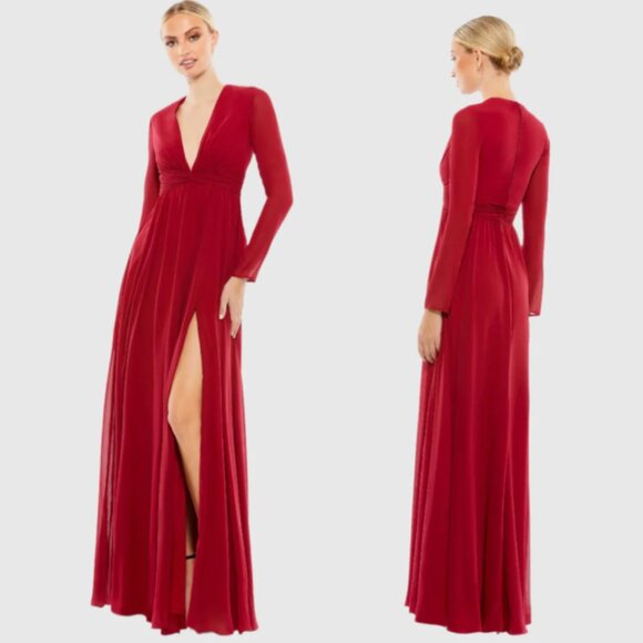 Mac Duggal Ieena V-Neck Front Twist Long Sleeve Gown NWT in Bordeaux Red 6 - Picture 1 of 16